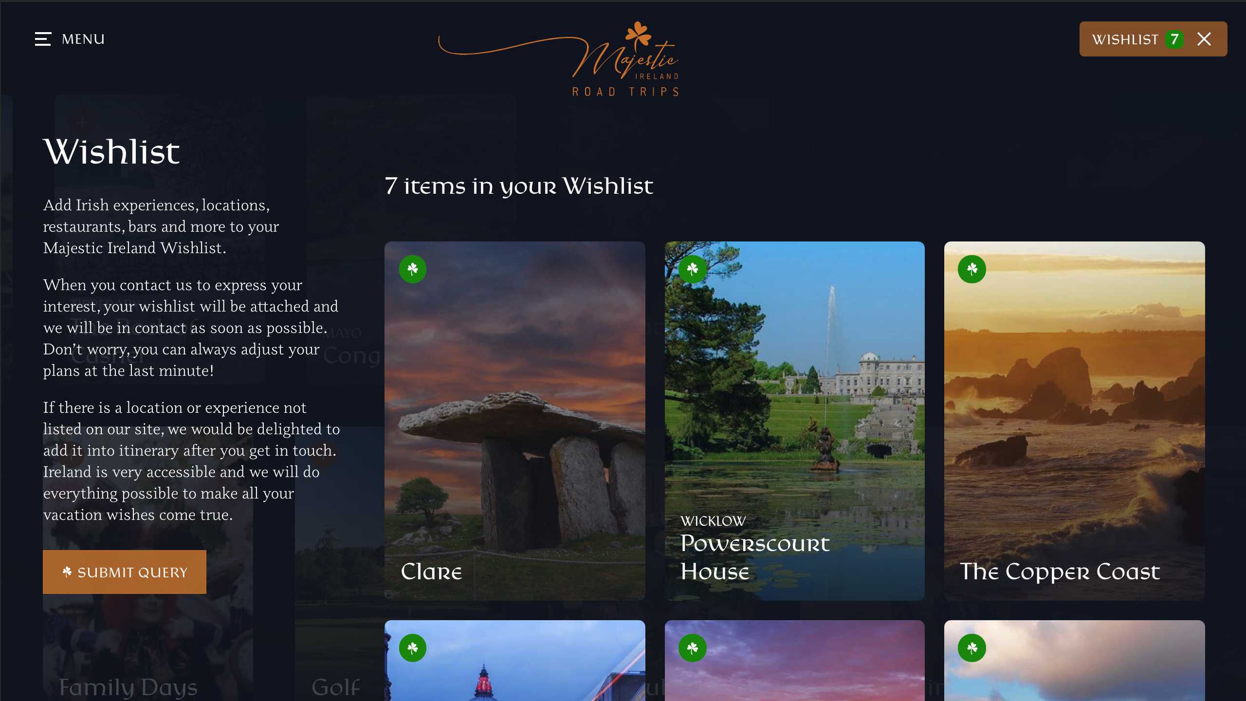 Majestic Ireland: Wishlist Screen, desktop version